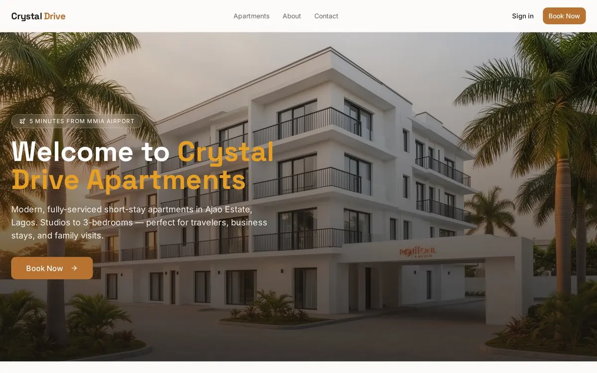 Screenshot of the Crystal Drive hospitality website built for a client in Nigeria — homepage shown in a desktop browser