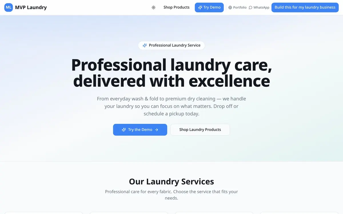 Screenshot of the Laundry App operations website — homepage shown in a desktop browser