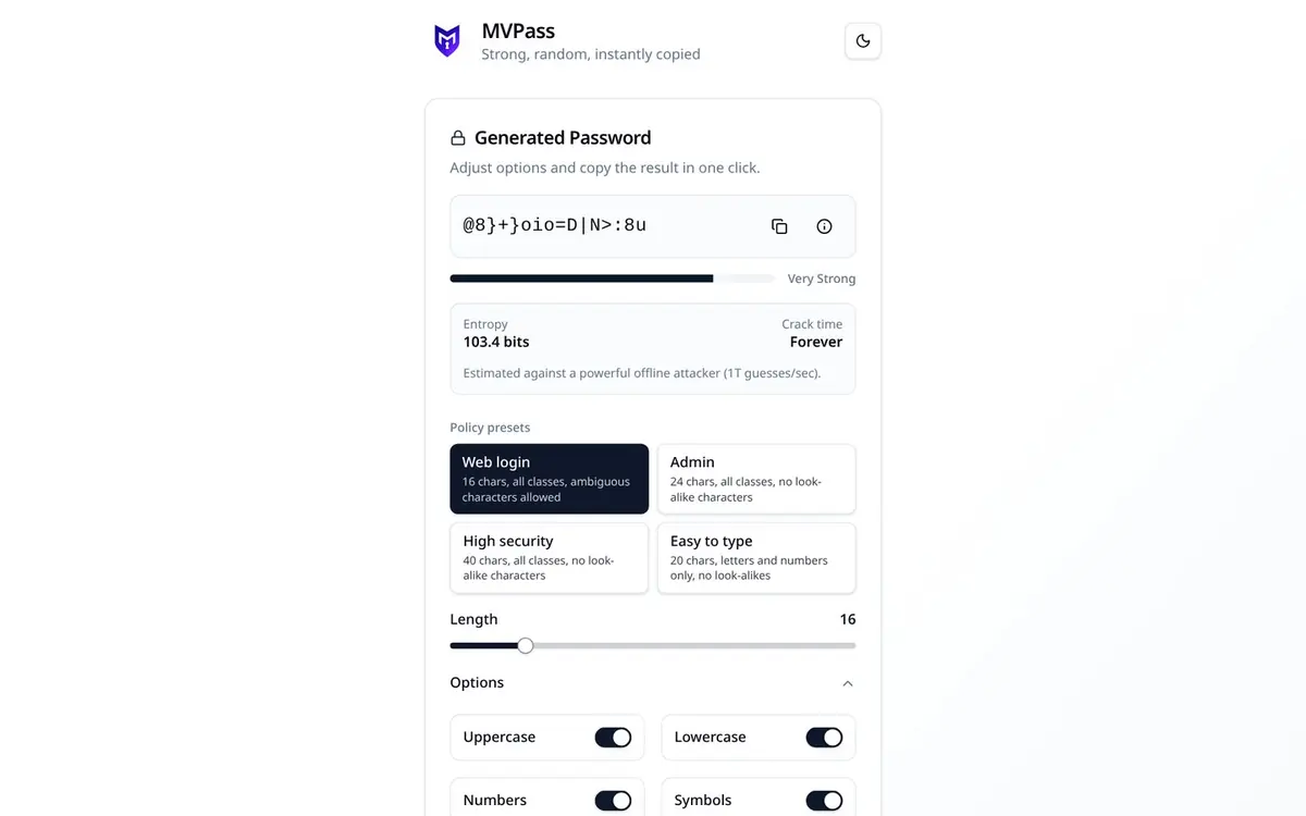 Screenshot of the MVPass security website — homepage shown in a desktop browser