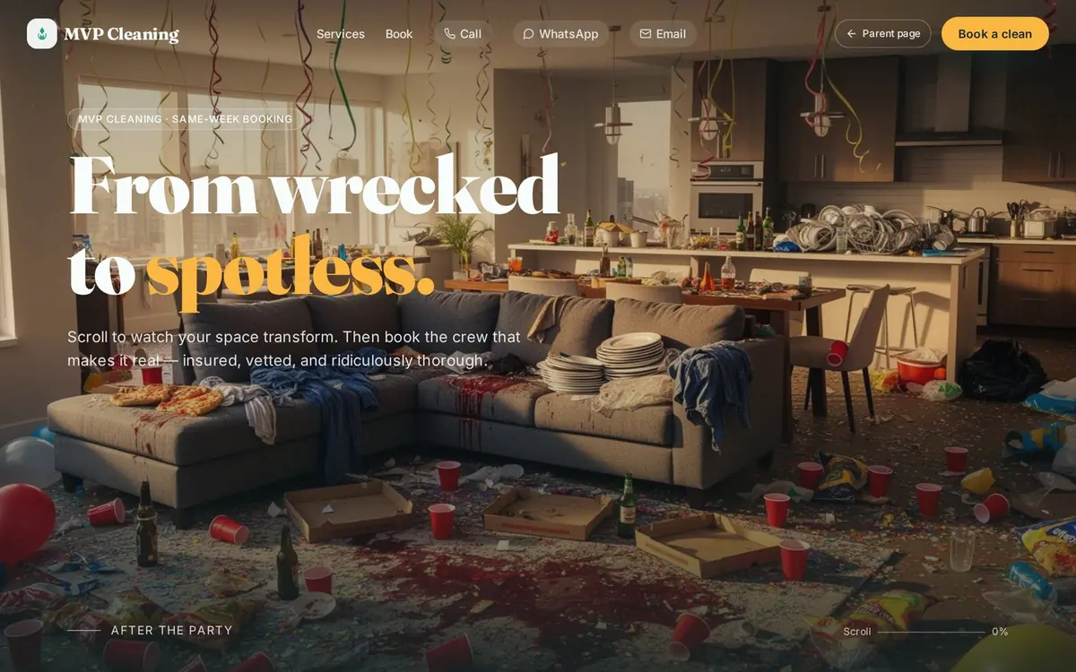 Screenshot of the MVP Cleaning services website — homepage shown in a desktop browser