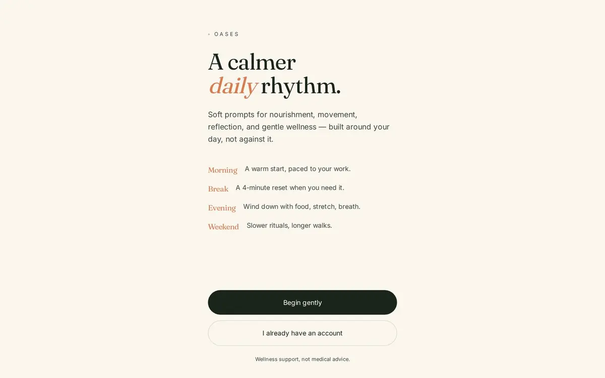 Screenshot of the Oases wellness website — homepage shown in a desktop browser
