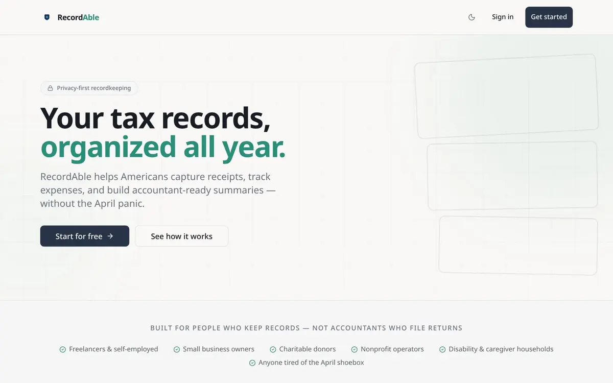 Screenshot of the RecordAble finance website — homepage shown in a desktop browser