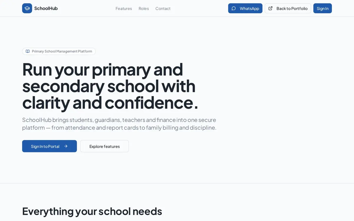 Screenshot of the High School Admin (SchoolHub) education website — homepage shown in a desktop browser